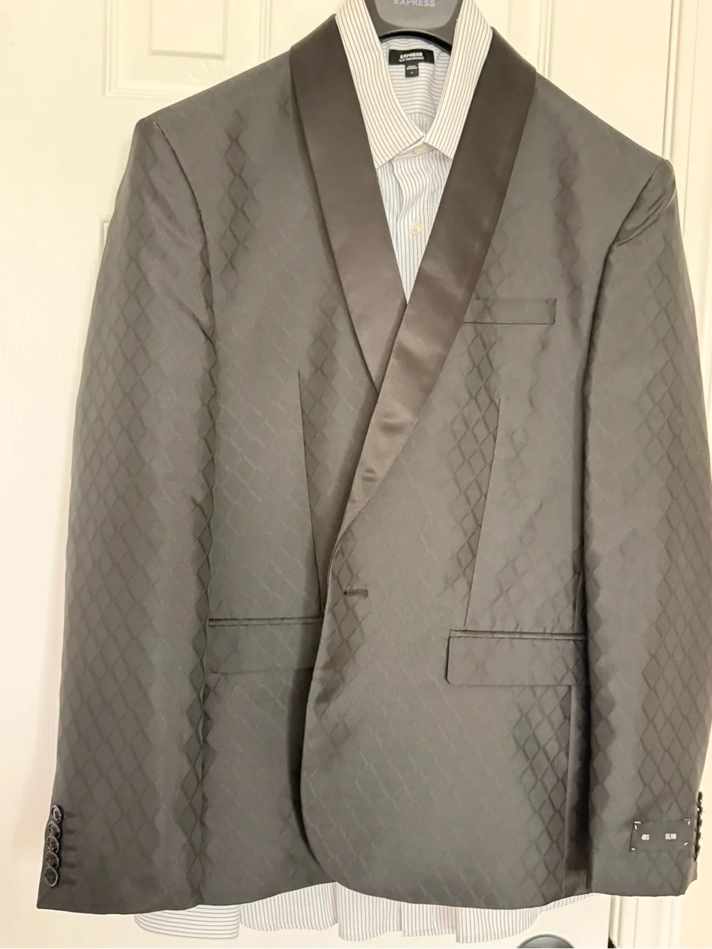 Express Men's Black Diamond-Pattern Satin Shawl Lapel Blazer